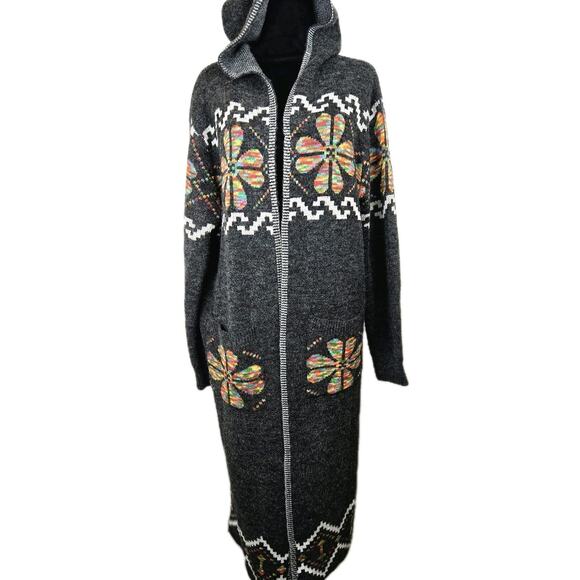 Irish 4 Leaf Clover Open Cardigan Long Gray Hooded Wool Pockets XL LAGENLOOK - Picture 2 of 11